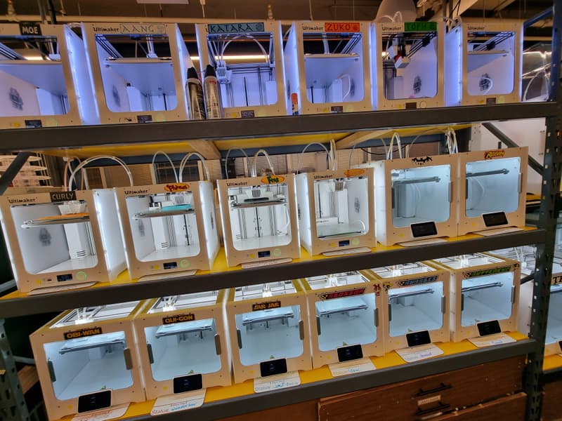 Rack of Ultimaker 3D printers at Georgia Tech makerspace
