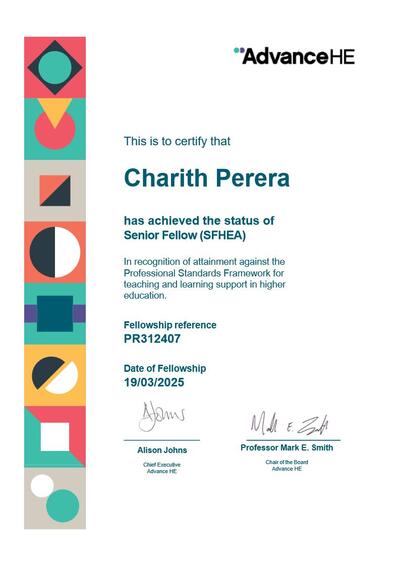 Charith Perera SFHEA certificate from Advance HE